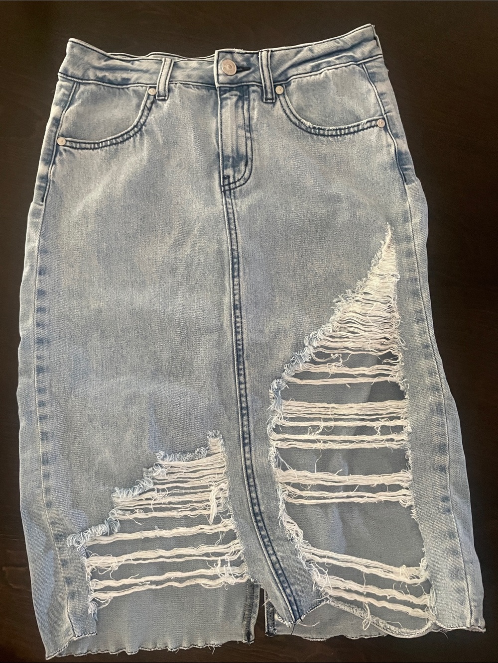 Women’s Light Blue Distressed Denim Skirt